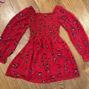 Red and Black Heart Print Smocked Long Sleeve Mini Dress